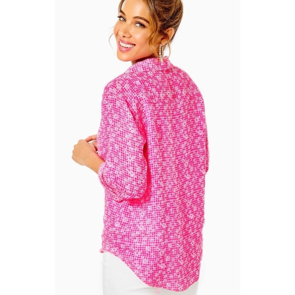 Lilly Pulitzer Sea View 100%‎ LINEN Button Down Top Size XS Pink Gingham Floral - Picture 11 of 13